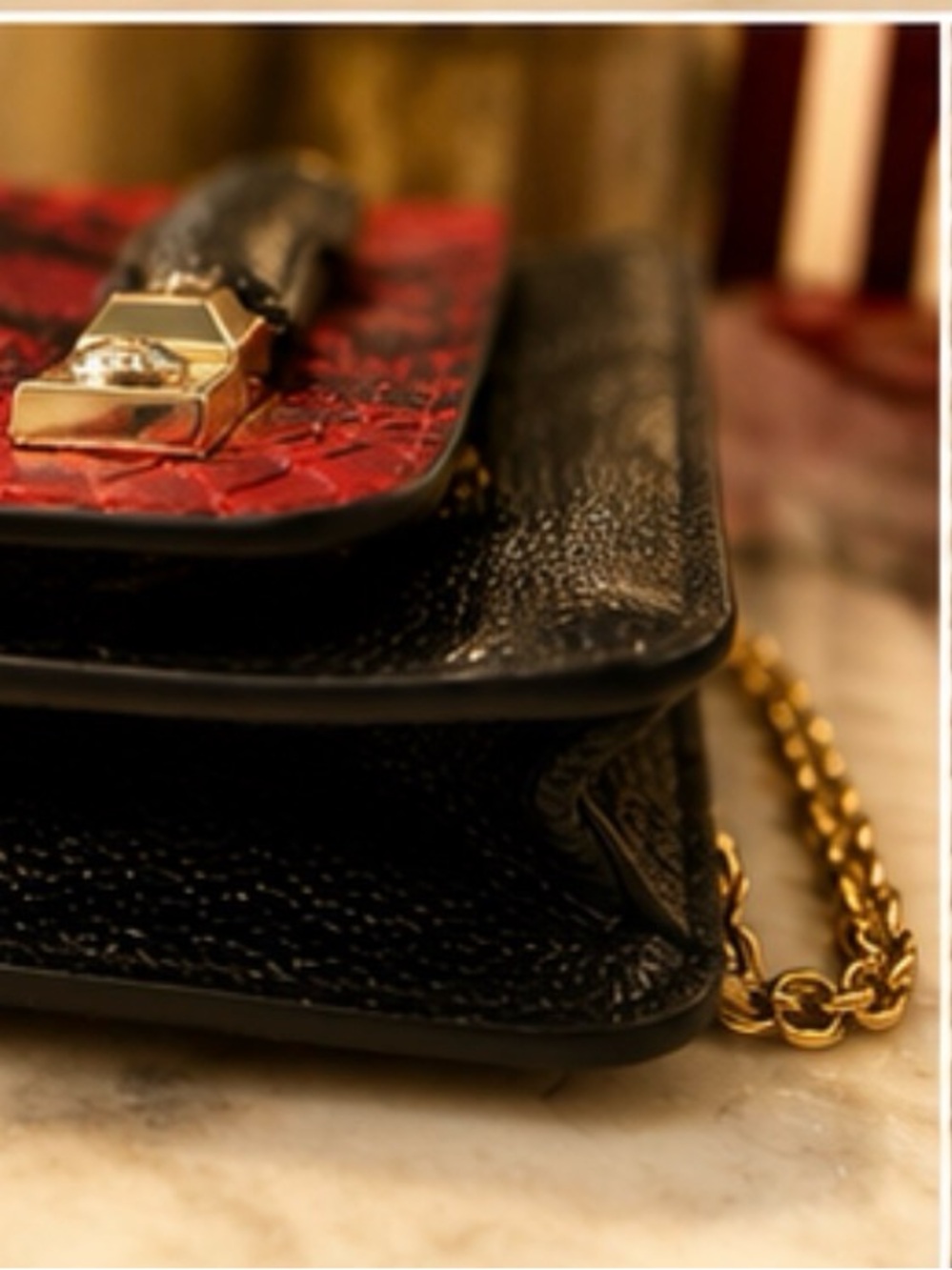 Henri Bendel Exotic Red and Black Snake-Embossed Clutch with Gold Hardware - Picture 4 of 13